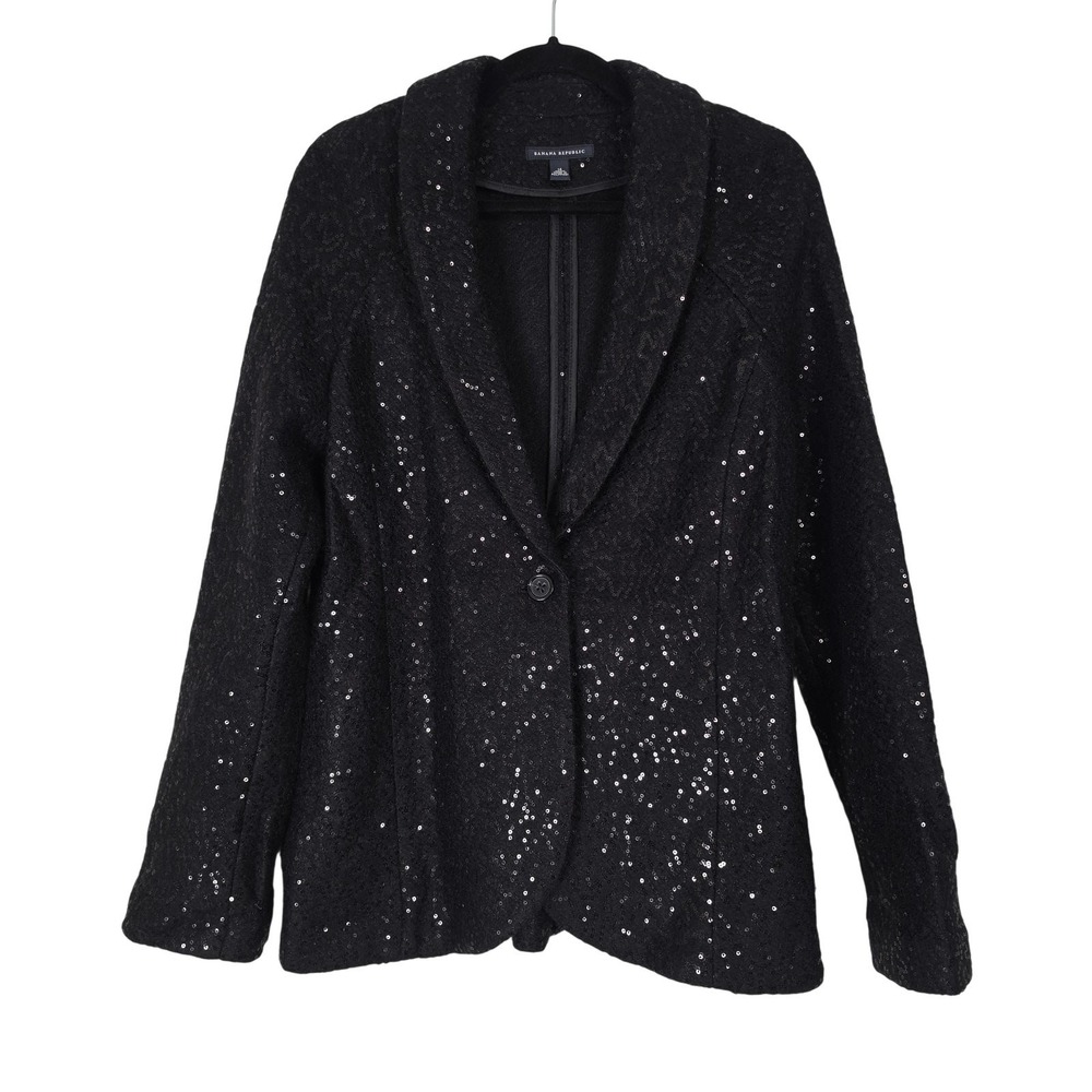 Banana Republic Blazer Women 14 Black Wool Blend Sequin Tuxedo Jacket Party Work